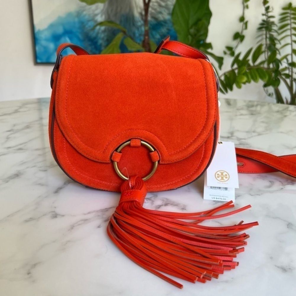 NWT Tory Burch Tassel Mini Saddle Bag Pure Orange Suede Leather Crossbody